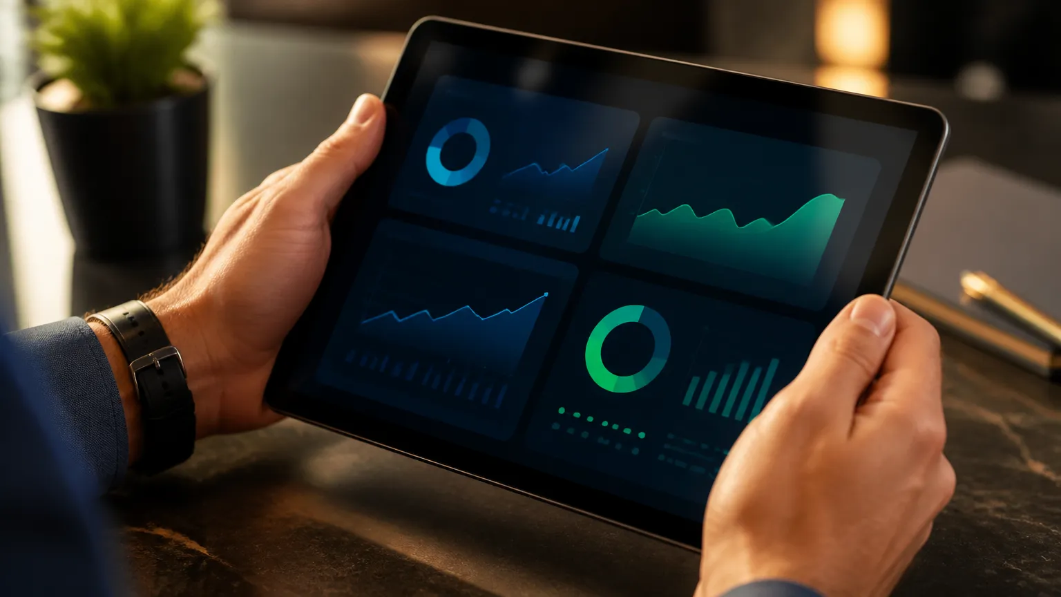 Métricas e indicadores de desempenho de afiliados financeiros exibidos em tablet moderno com gráficos.