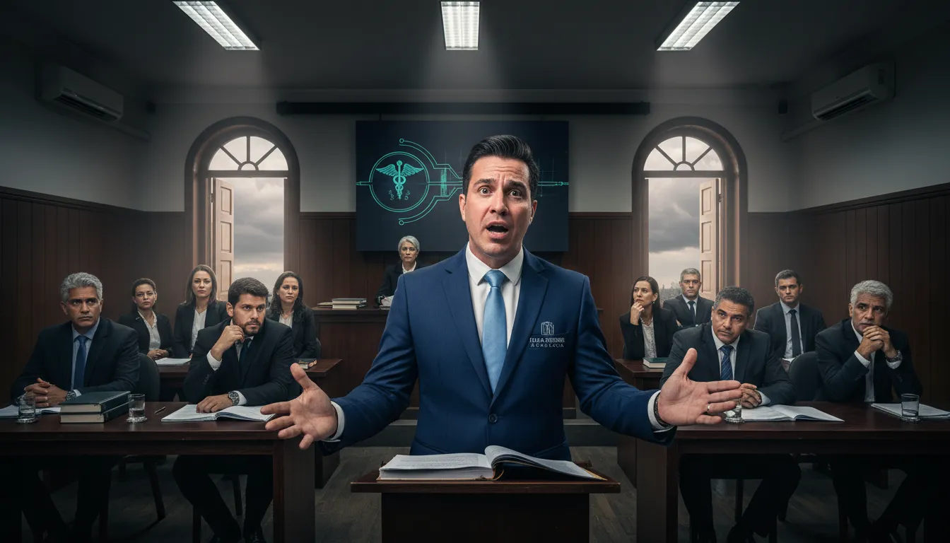 Cena realista de advogado em Feira de Santana defendendo cliente em disputa contra plano de saúde no tribunal.