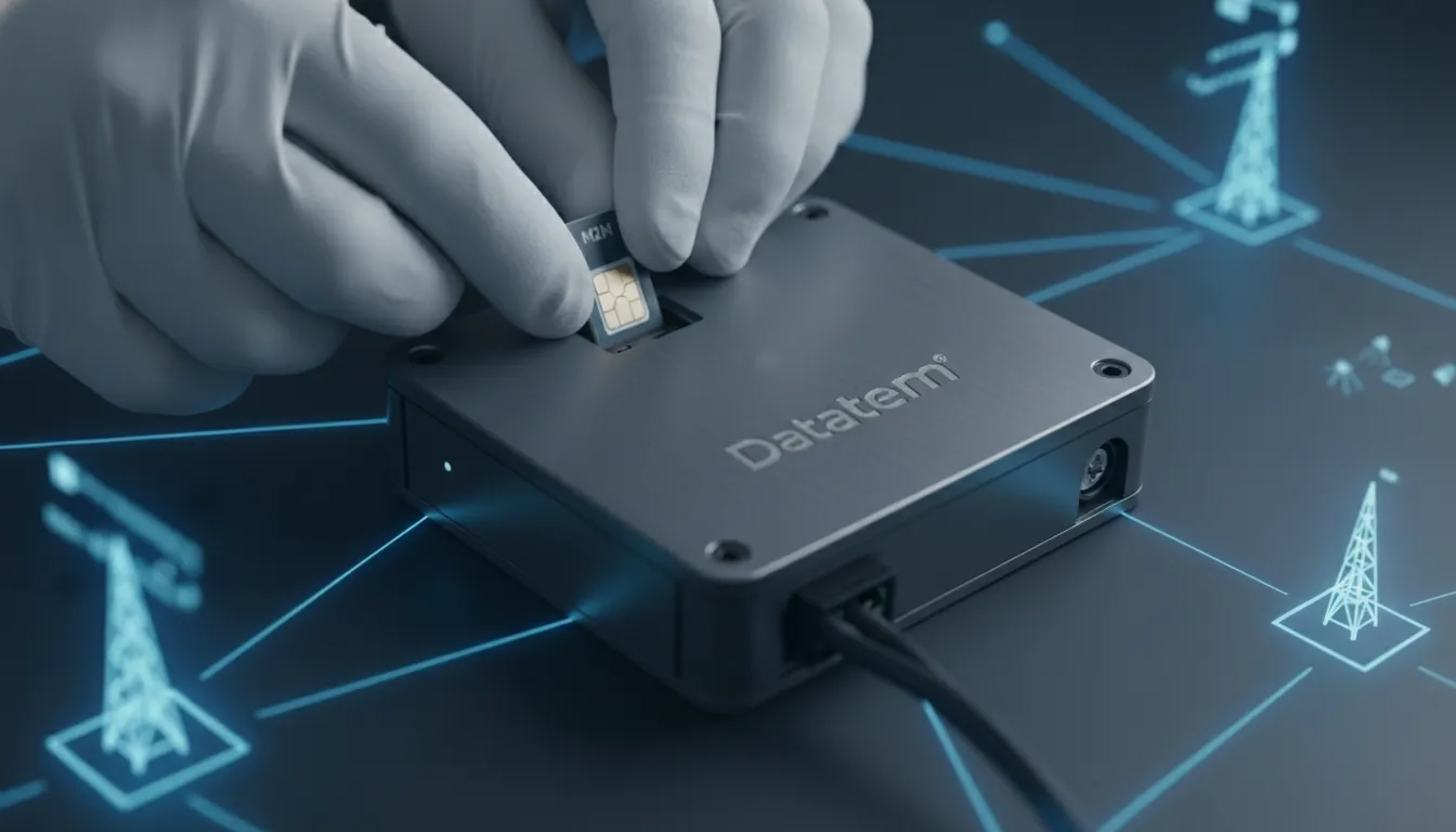 Chip M2M Datatem sendo inserido em dispositivo IoT, garantindo conectividade para segurança eletrônica.