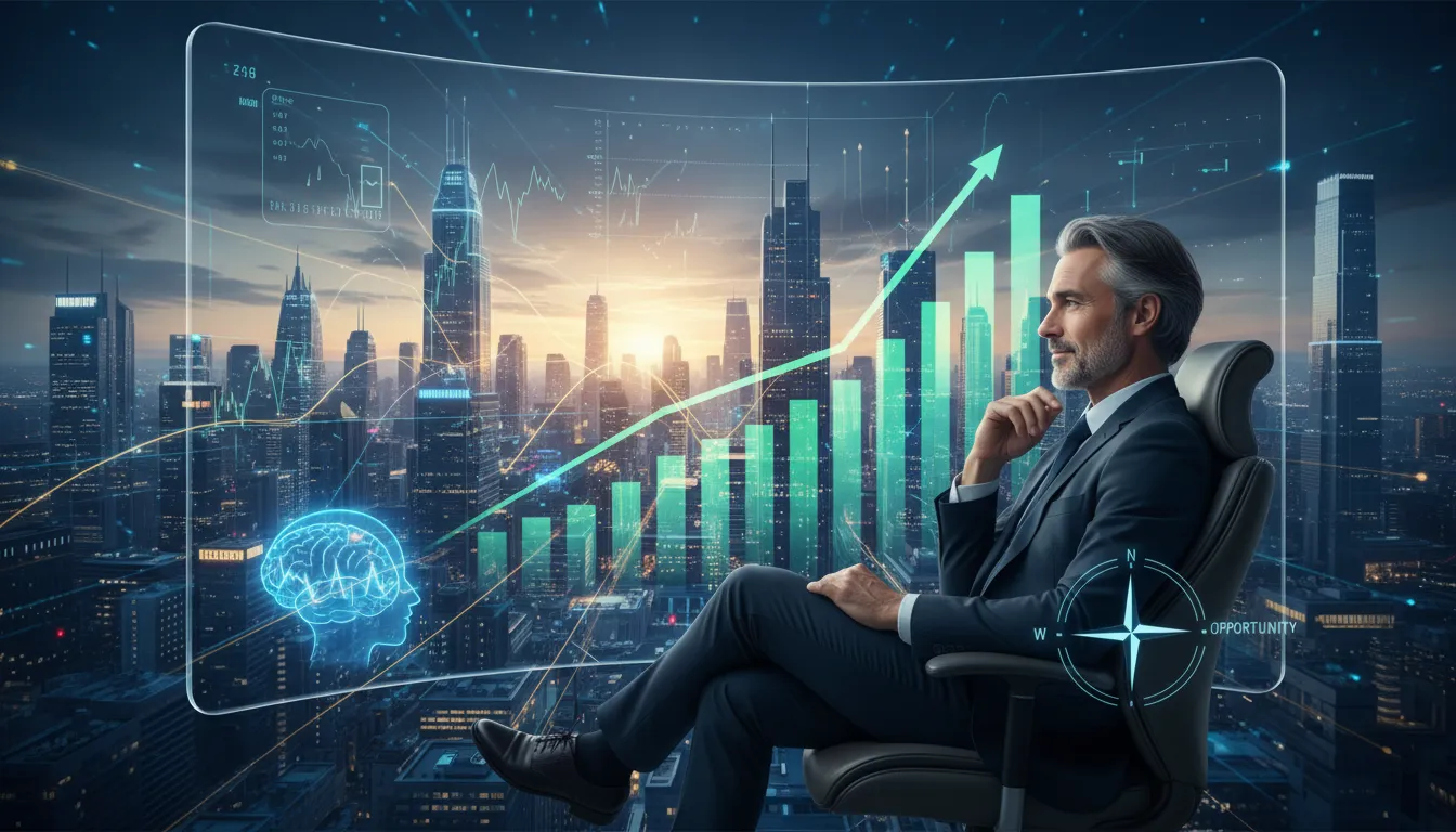 Trader confiante e calmo diante de gráficos de crescimento, simbolizando controle emocional e a busca pela plataforma de negociação ideal para mim.