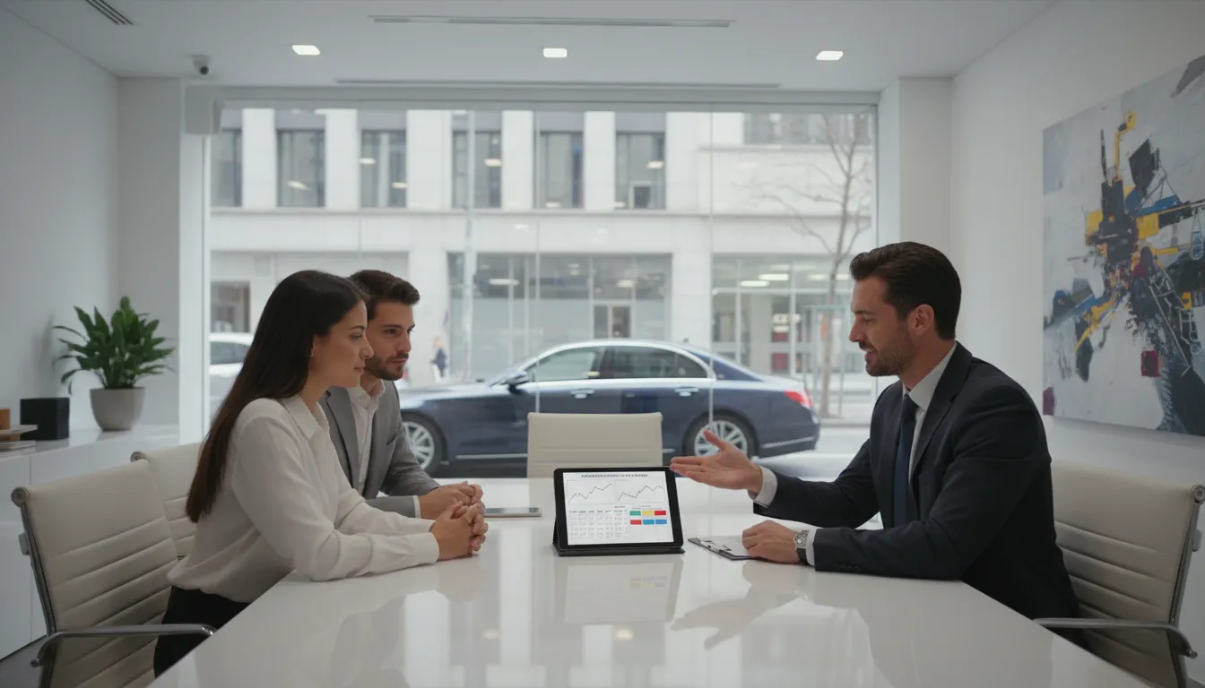 Consultor financeiro apresenta vantagens do empréstimo com carro em garantia para um casal em escritório.