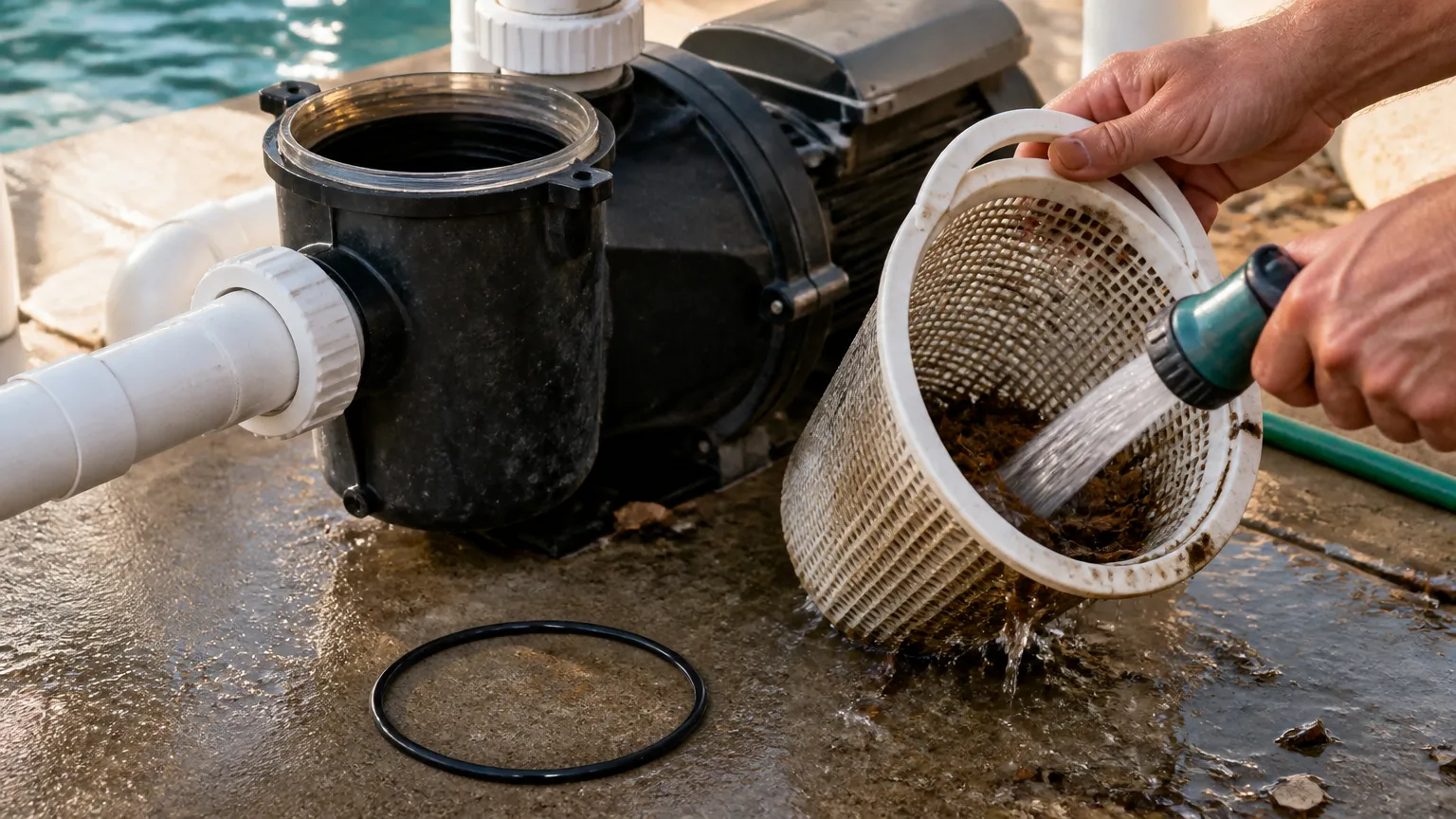 Manutenção do pré-filtro quando a bomba da piscina não puxa água corretamente.
