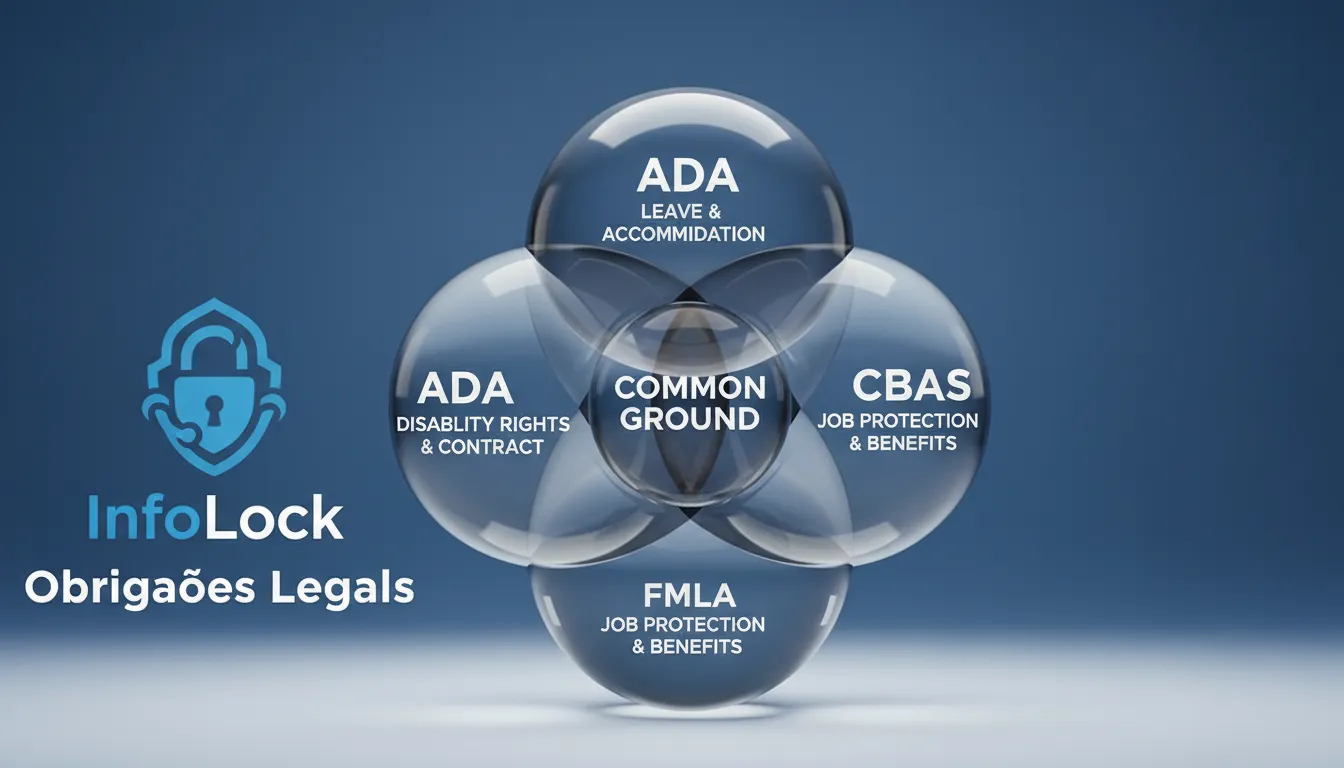 Diagrama de Venn 3D mostrando as áreas de 'legal obligations overlap' entre ADA, FMLA e CBAs. Logo da InfoLock ao fundo com a frase 'Obrigações Legais'.