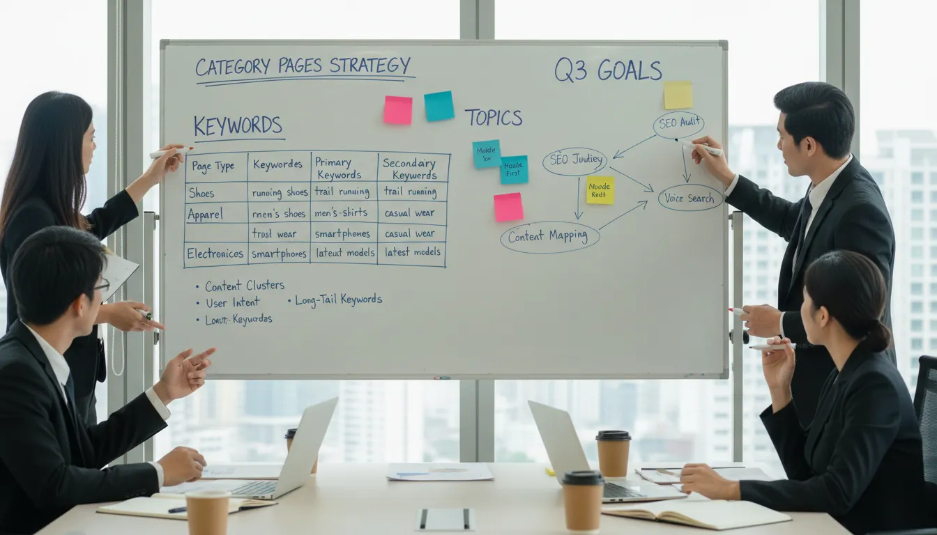 Modelos de Texto para Páginas de Categoria de Loja Virtual 3 Equipe estudando tabela de palavras-chave e estratégia de textos para categorias de loja virtual em quadro branco.