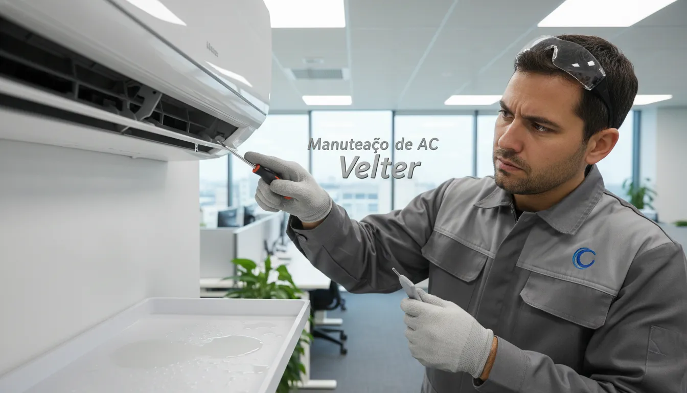 Técnico especializado da Veltter inspecionando um ar condicionado pingando água, aplicando soluções de engenharia e manutenção profissional.