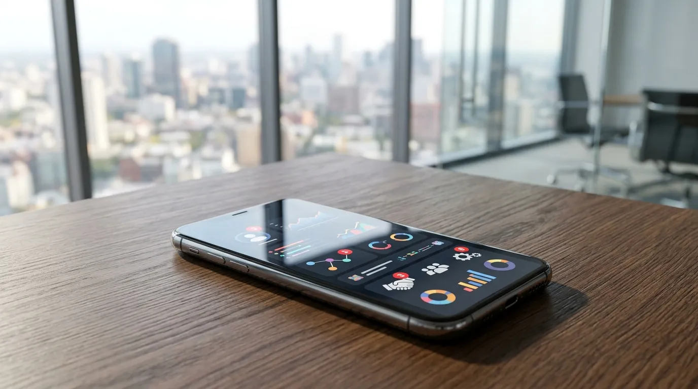 Smartphone com notificacoes de CRM, leads e automacao sobre mesa de reuniao.