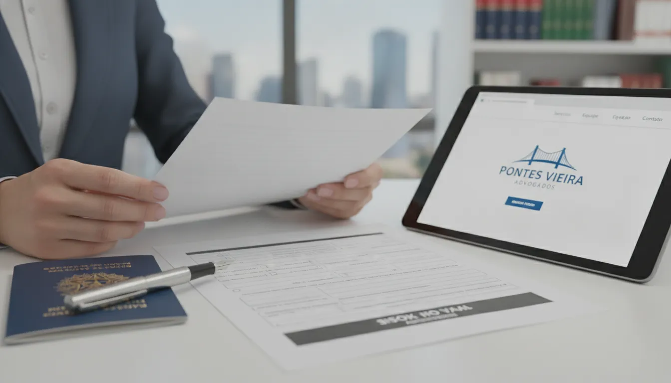 Desk with Brazil work visa application, passport, and documents being reviewed by professional hands.