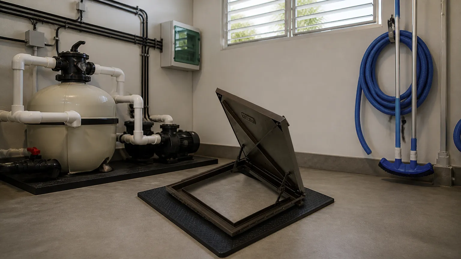 Espaço interno ventilado e organizado na casa de máquinas piscina residencial com área livre de manutenção.