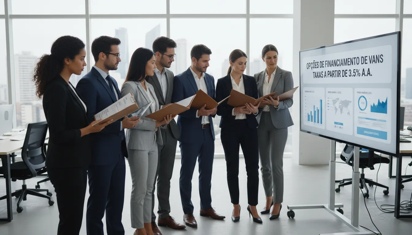 Empreendedores analisam simulação de opções de financiamento de vans em ambiente profissional
