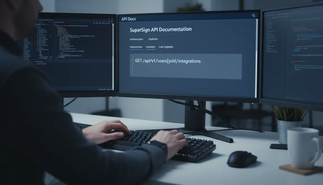 Desenvolvedor trabalhando com código da api assinatura digital SuperSign em múltiplos monitores, demonstrando a integração da API.