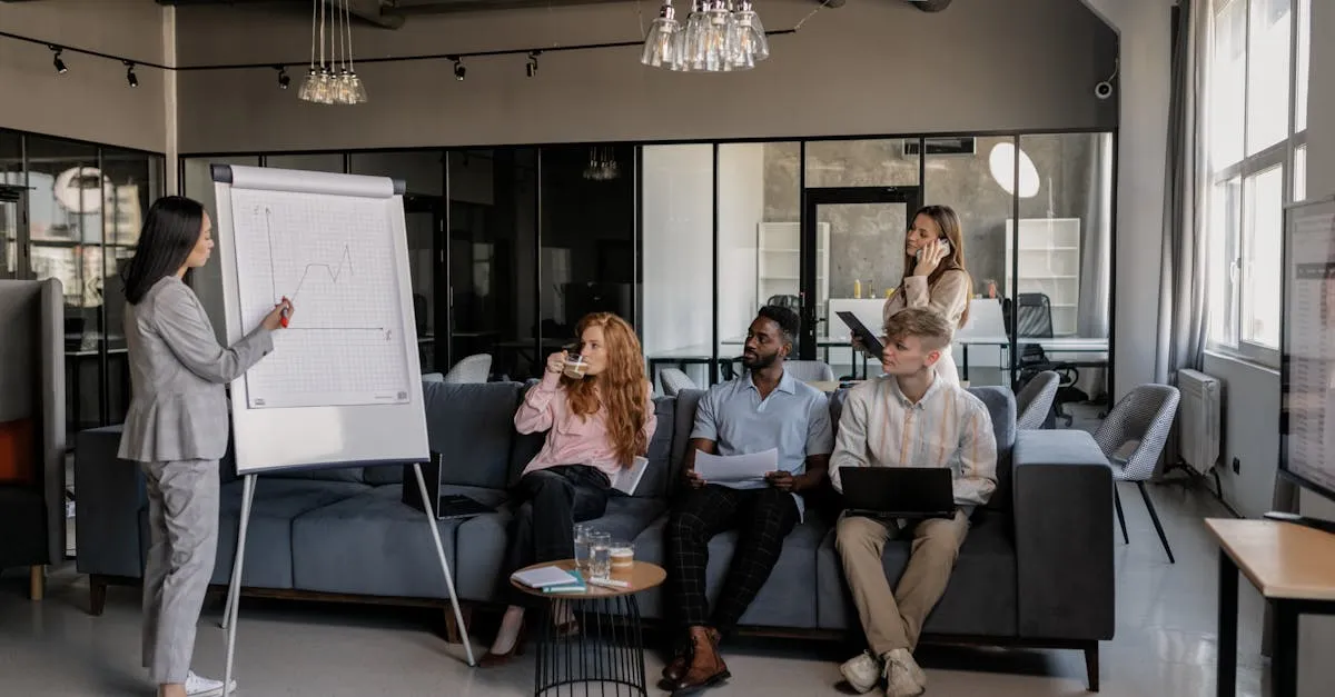 Equipe analisando gráficos e definições de identidade visual em reunião colaborativa.