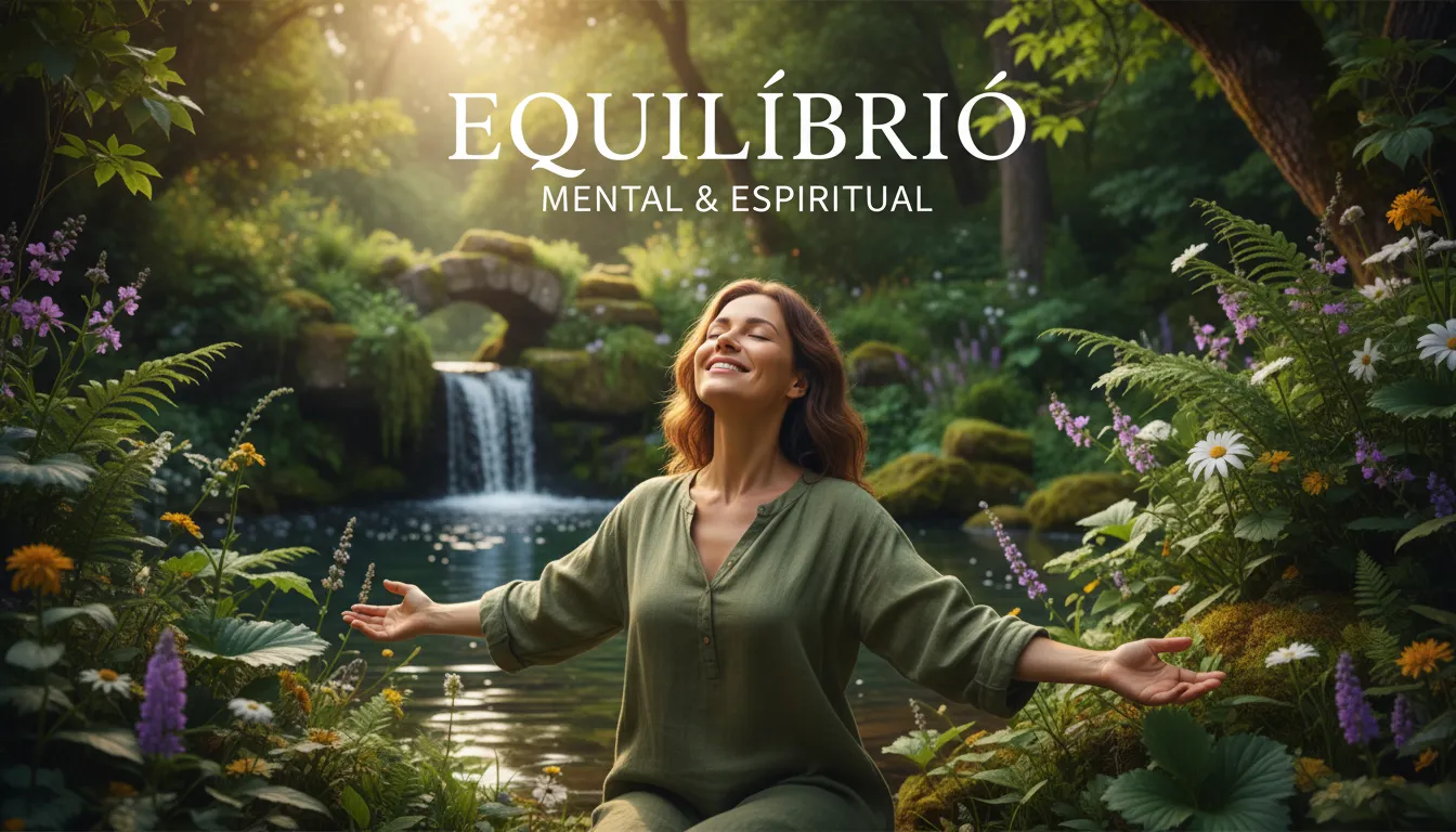 Pessoa serena irradiando bem-estar após transformação emocional, em meio à natureza exuberante.