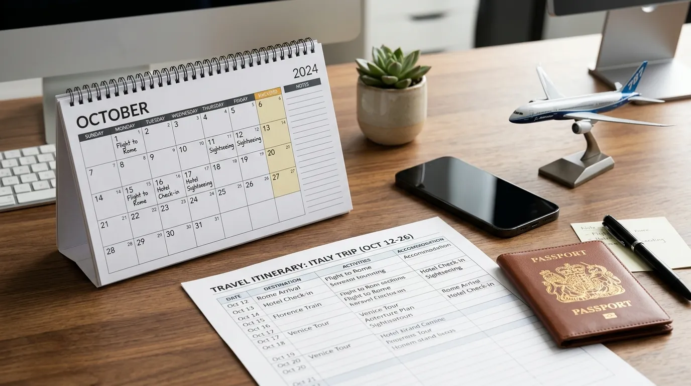 Organização de calendário definindo quantos dias ficar em cada cidade no roteiro personalizado.