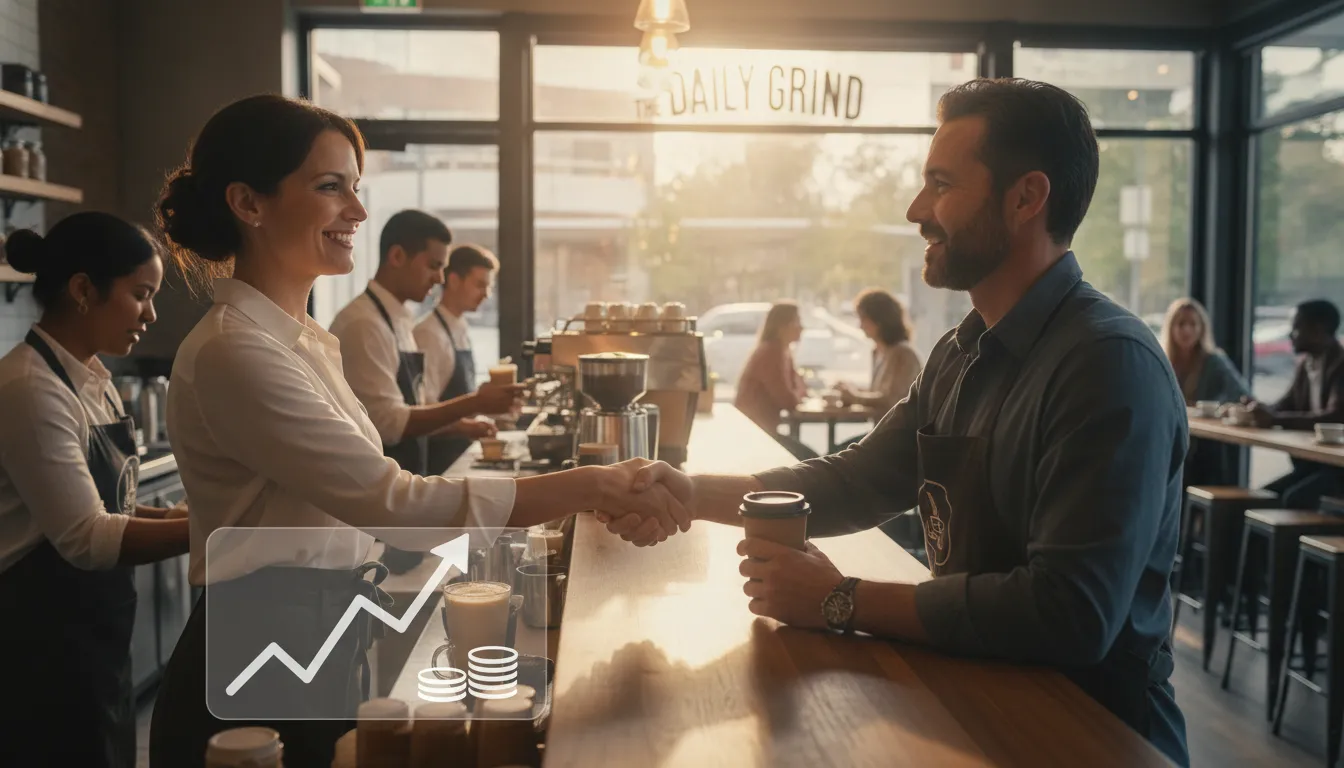 Dona de franquia sorridente interagindo com cliente, simbolizando sucesso impulsionado por bom bookkeeping para franquias.