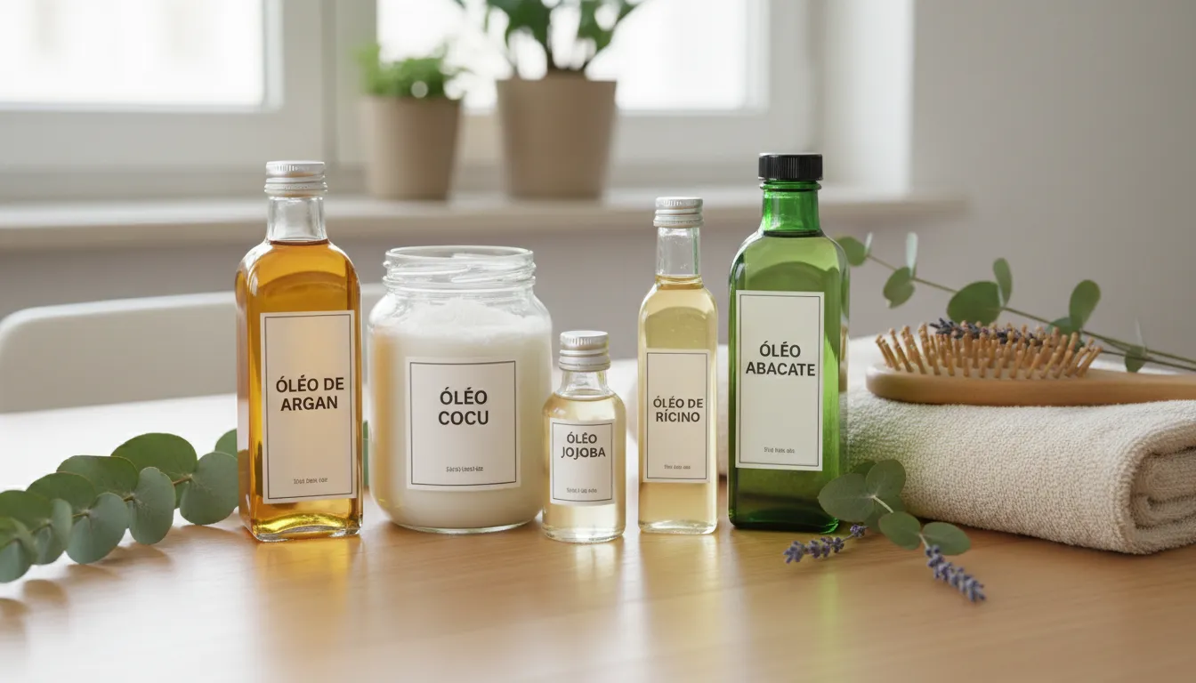 Variedade de óleos nutritivos para diferentes tipos de cabelo em um cenário de autocuidado.