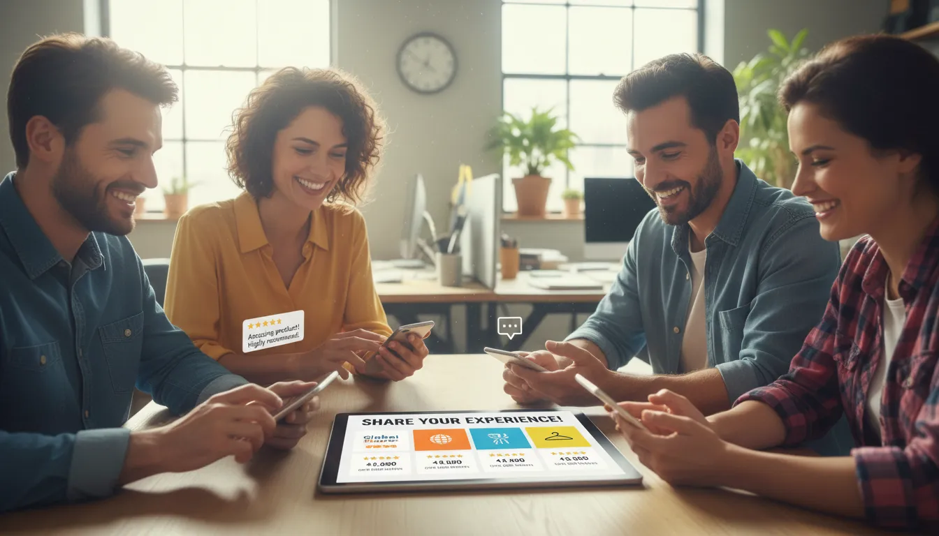 Template de Página de Agradecimento para Loja Virtual Pós-Compra 1 Clientes avaliando pedidos em dispositivos móveis com layout amigável e destaque para reviews positivos.