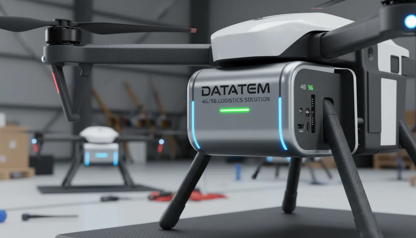 Detalhe do módulo de conectividade Datatem em um drone de entrega, enfatizando a tecnologia 4G/5G para logística last-mile.