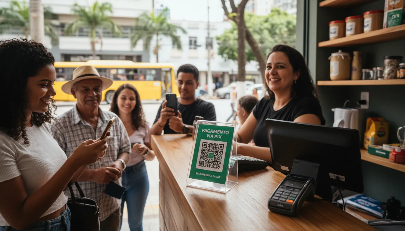 Empresário brasileiro recebe pagamento por Pix com QR Code, mostrando inclusão digital nos negócios.