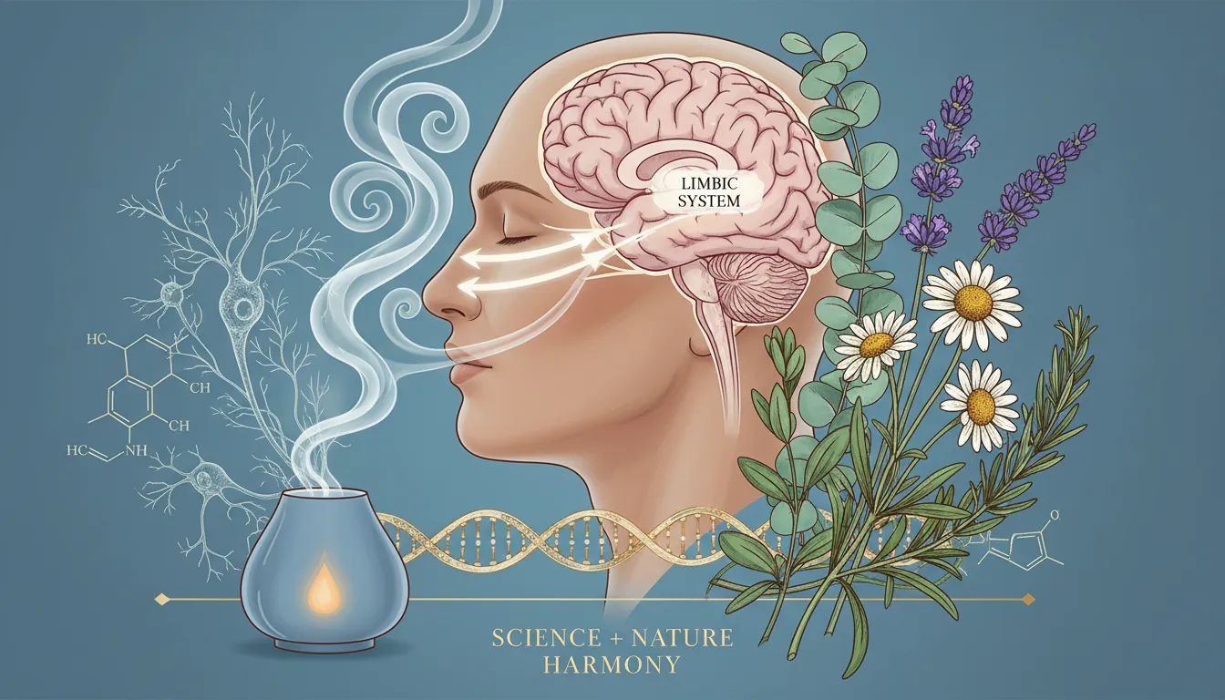 Ilustração explicando ação da aromaterapia do olfato ao cérebro com plantas aromáticas ao fundo.