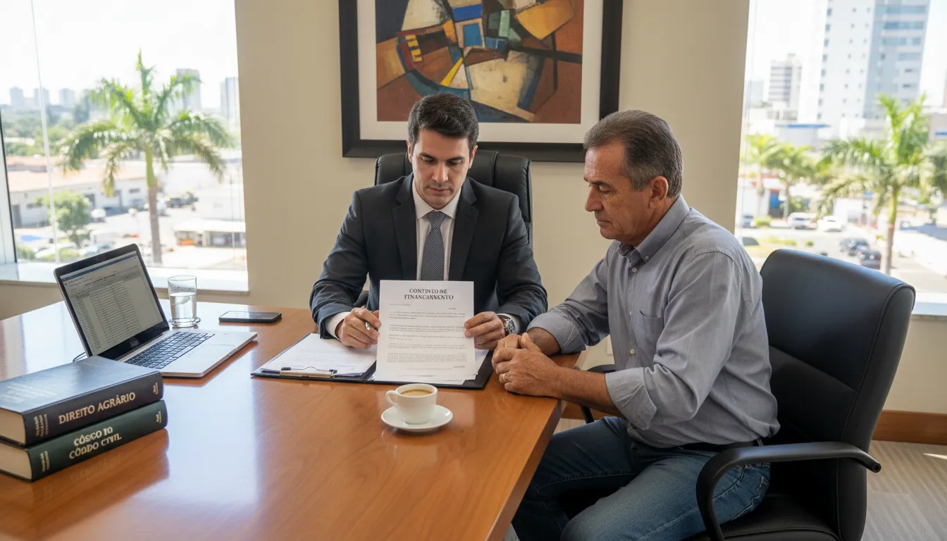 Advogado e empresário rural analisando juntos contrato de financiamento em escritório em Bauru.