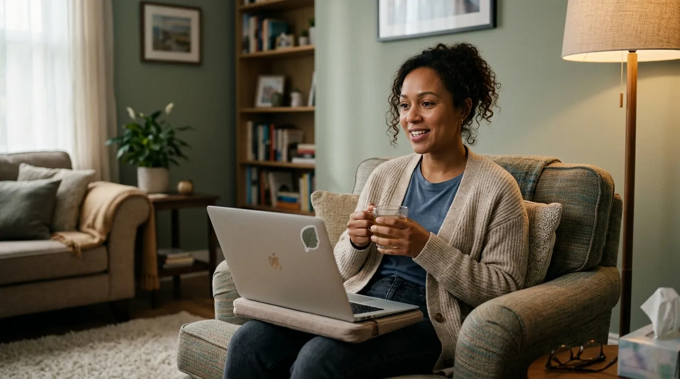 Mulher em terapia online unindo esporte e saúde mental para bem-estar.