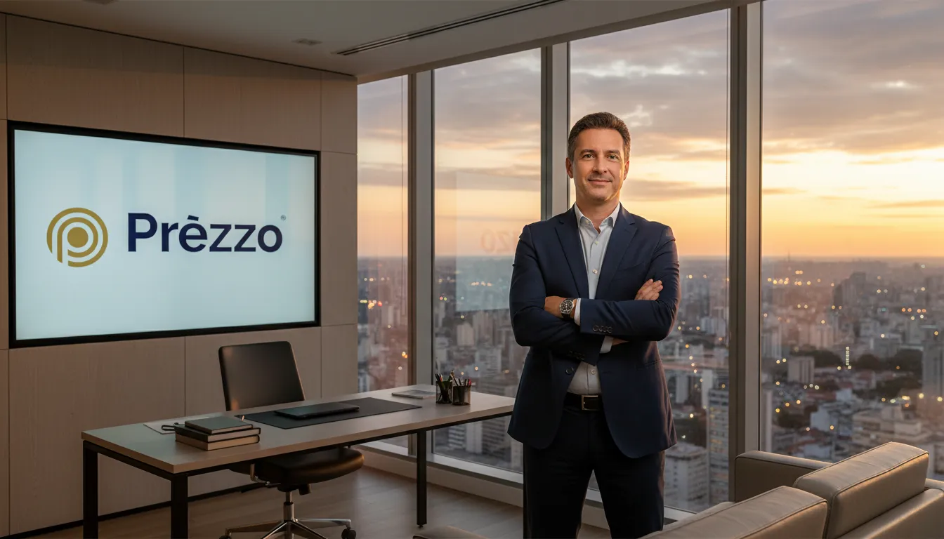 Empresário confiante olhando o horizonte de São Paulo ao pôr do sol, focando no crescimento com apoio de um contador em São Paulo.