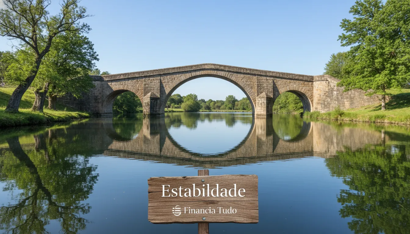 Paisagem serena com uma ponte estável, simbolizando a confiabilidade dos investimentos em renda fixa e a solidez da Financia Tudo.