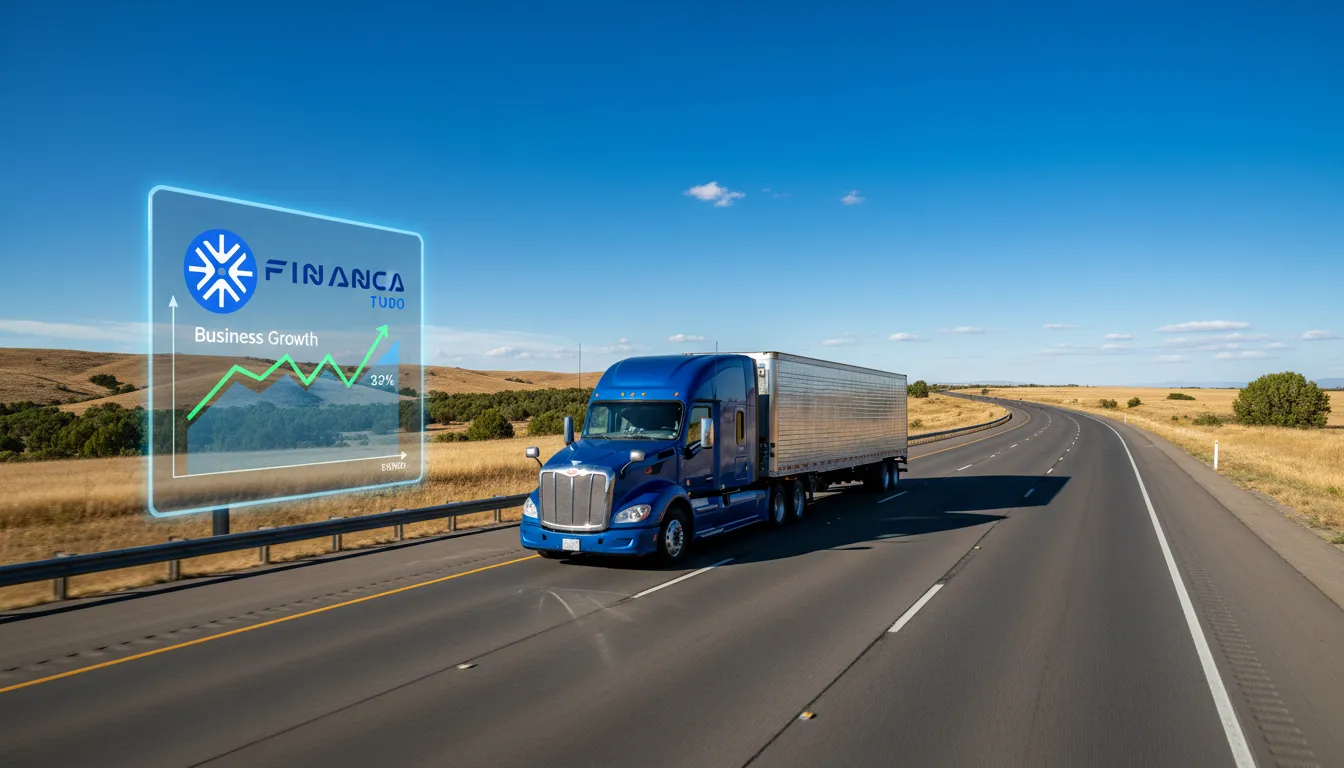 Caminhão em rodovia com gráfico de crescimento, ilustrando os benefícios do crédito com garantia de caminhão para capital de giro da Financia Tudo.
