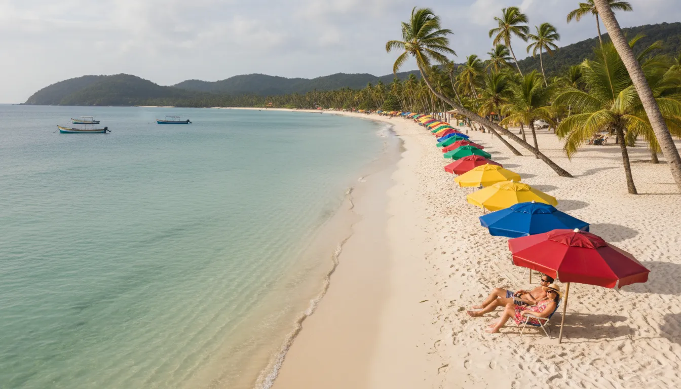 Praia pitoresca em Arraial ou Porto Seguro, com águas cristalinas, areia branca e casais relaxando.