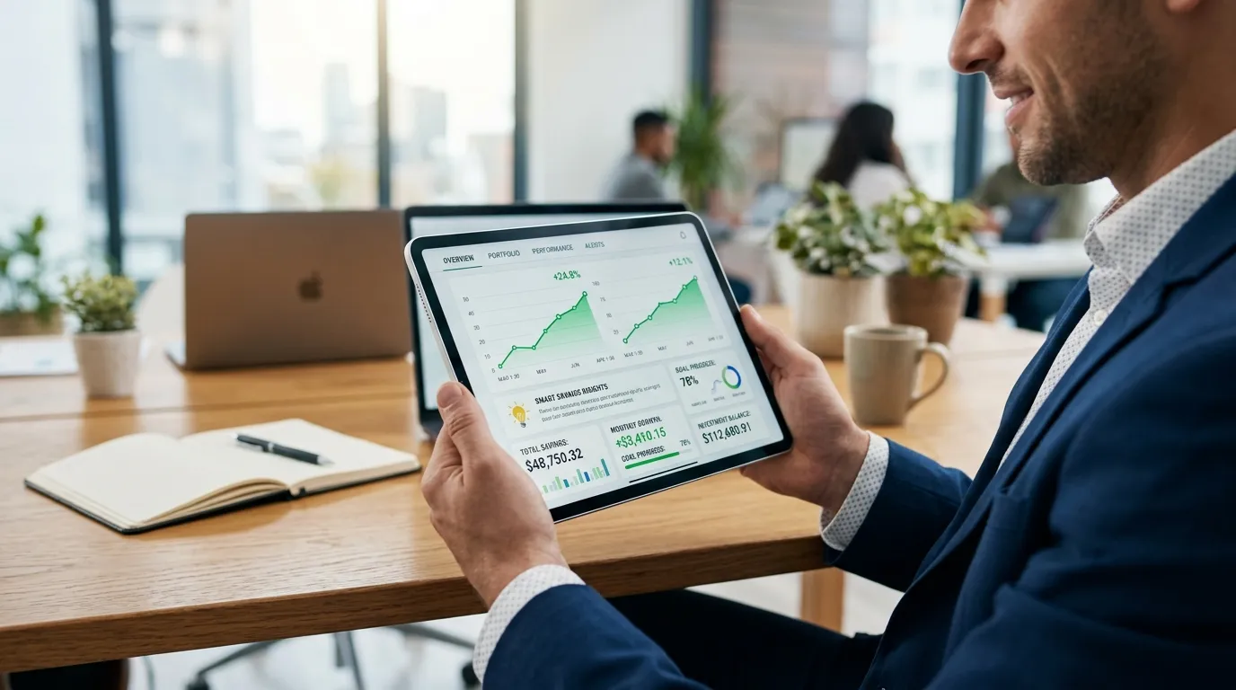 Graficos de reducao de custos com energia solar por assinatura para empresas exibidos em um tablet corporativo