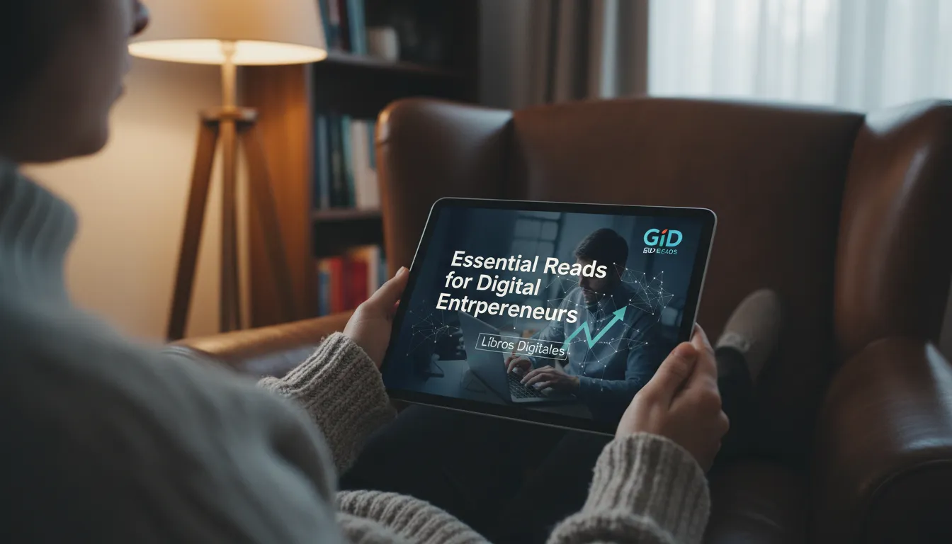 Una tablet mostrando un e-book sobre libros para emprendedores digitales, con el logo de GID en la esquina. Lecturas esenciales para el éxito en la era digital.