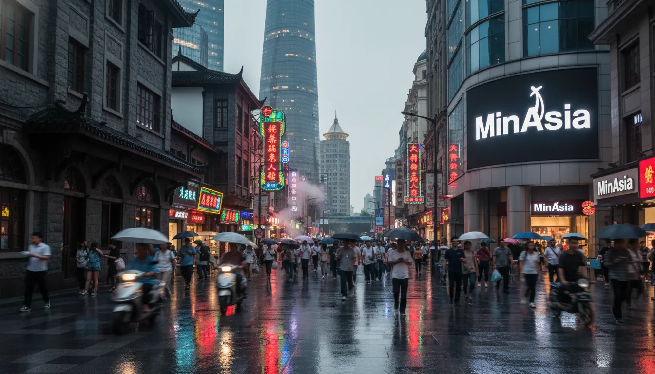 Rua movimentada em Xangai, China, com arquitetura mista, letreiros neon e reflexos coloridos no asfalto molhado.