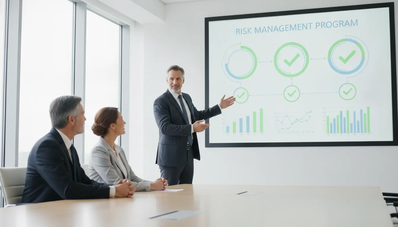 Líderes empresariais revisam dashboard de programa de gestão de riscos, mostrando sucesso e segurança.
