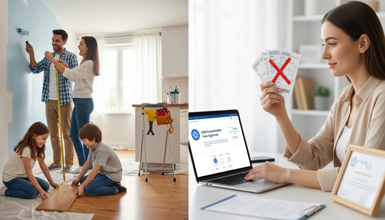 Lado a lado: família renovando a casa com home equity e pessoa aliviada após consolidar dívidas com empréstimo pessoal da Financia Tudo.