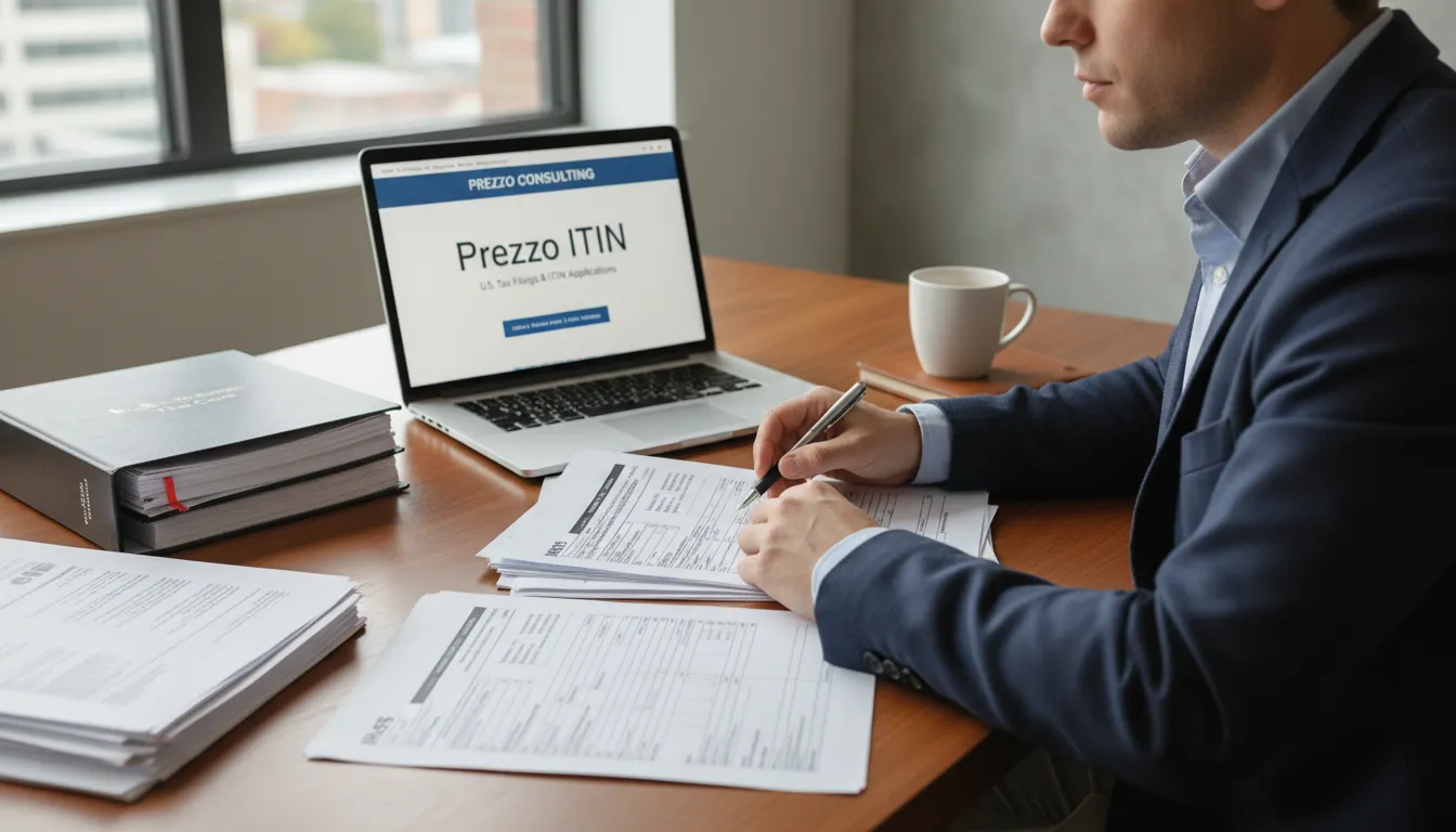Pessoa revisando documentos fiscais e pedido de ITIN em um escritório. Descubra como obter itin number e regularize sua situação fiscal com a Prezzo Consulting.