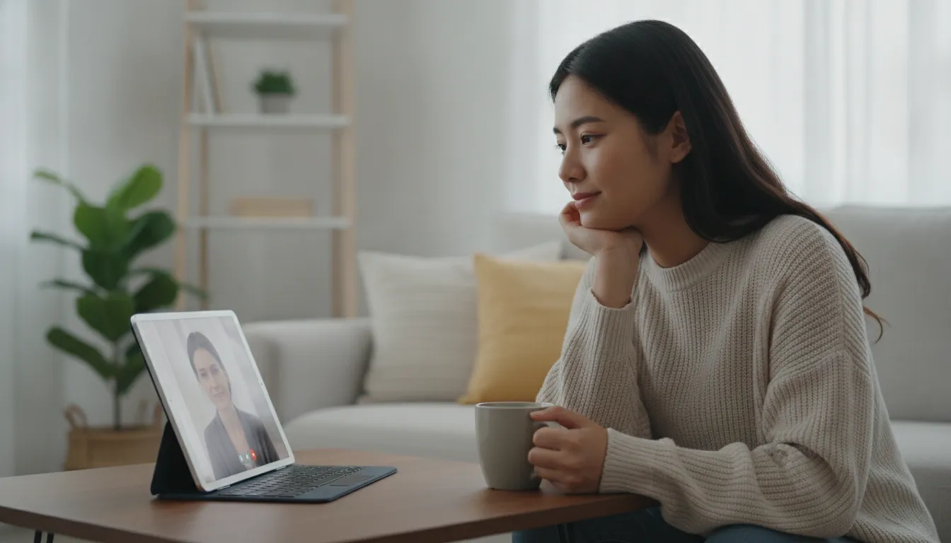 Pessoa em sessão de terapia online, com expressão pensativa e calma, destacando o apoio à saúde mental no inverno.