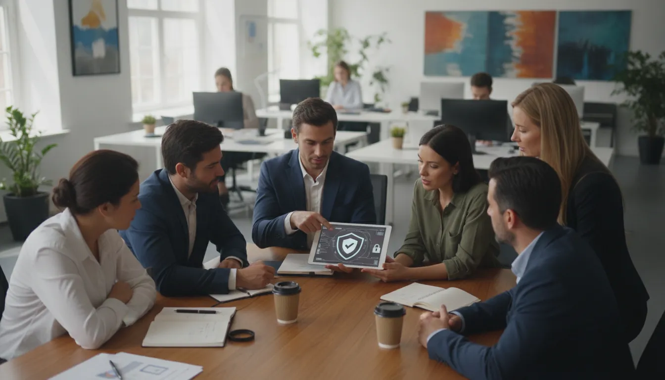 Equipe de negócios colaborando em escritório moderno, discutindo proteção de dados e cibersegurança empresarial.