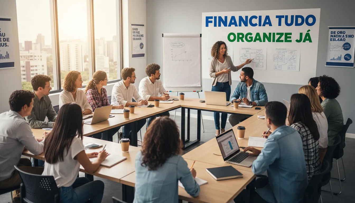Um grupo diverso participando de um workshop de educação financeira sobre orçamentos e estratégias de poupança, aprendendo sobre controle de gastos.