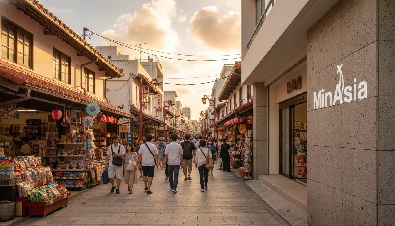 Cena movimentada de rua em Naha, capital de okinawa japão, com pessoas, lojas e arquitetura diversificada.