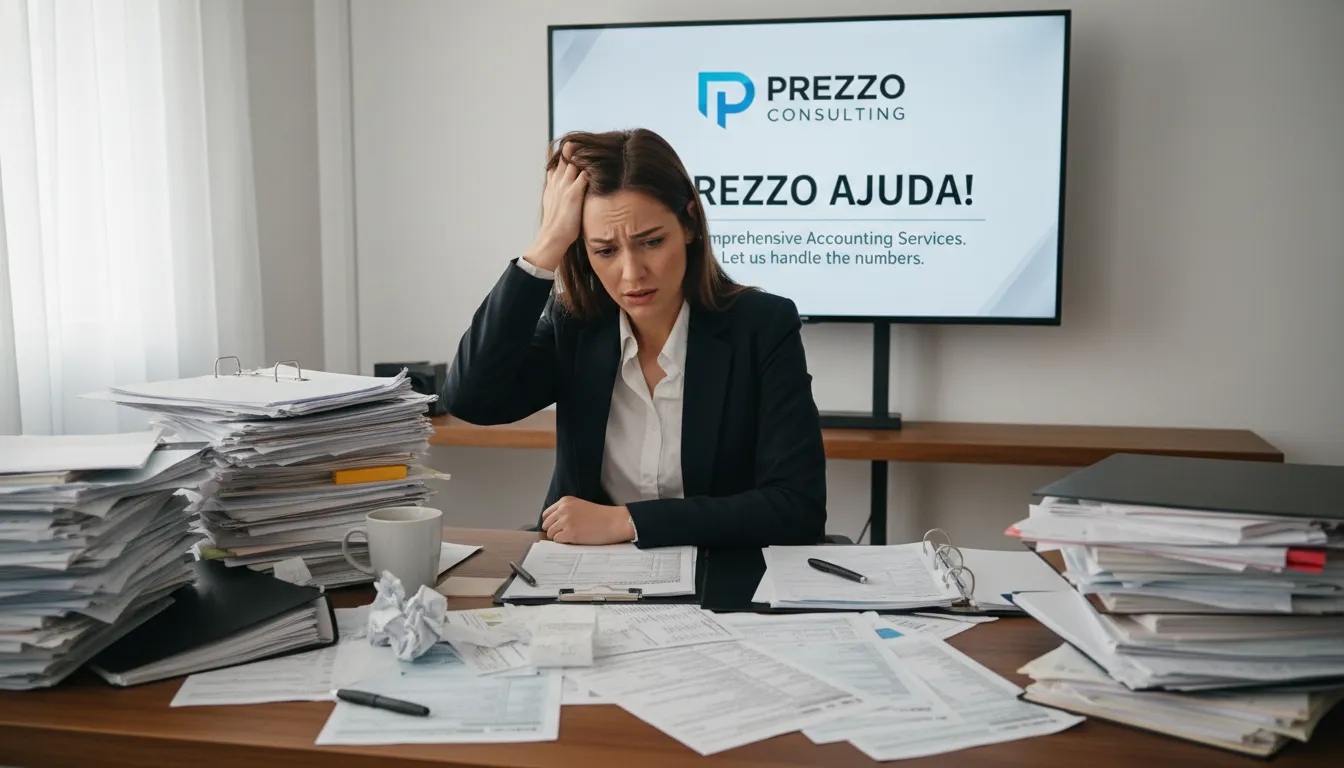 Executiva sobrecarregada com formulários fiscais, necessitando de assessoria; entenda como funciona a tributação nos Estados Unidos com a Prezzo Consulting.