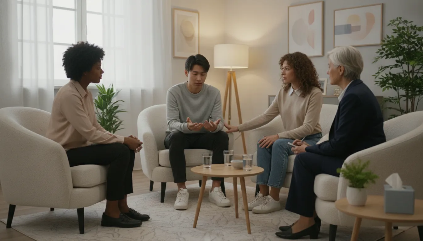 Grupo de apoio em sessão de terapia, discutindo abertamente sobre o TOC e suas dificuldades. Ambiente acolhedor.