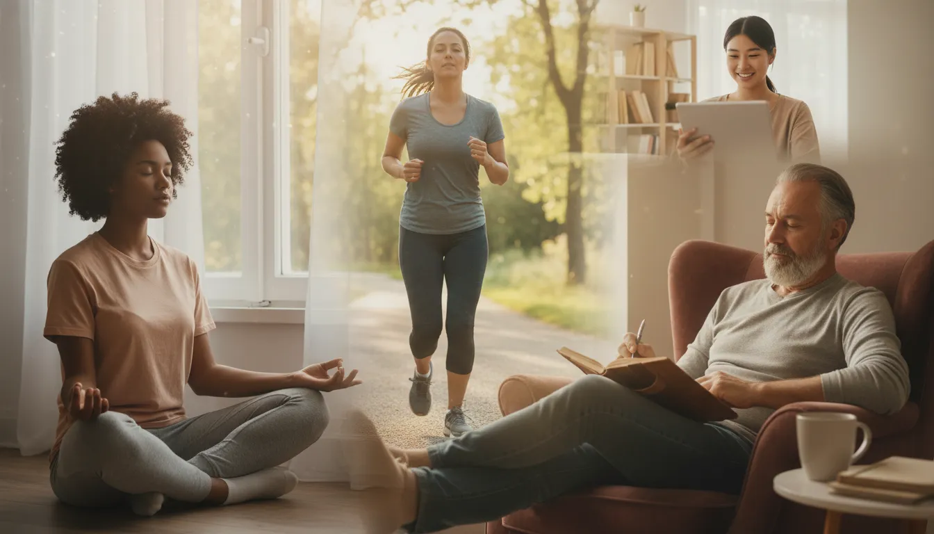 Pessoas diversas em atividades autoconhecimento, meditação, terapia online e bem-estar. Unolife.