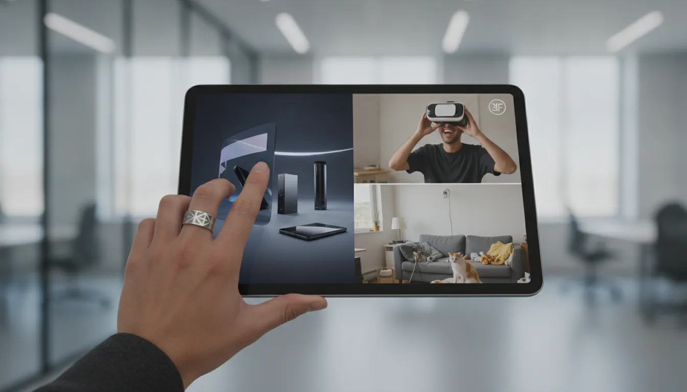 Mão profissional compara vídeo de marca You Found com conteúdo UGC autêntico em tablet, mostrando equilíbrio.