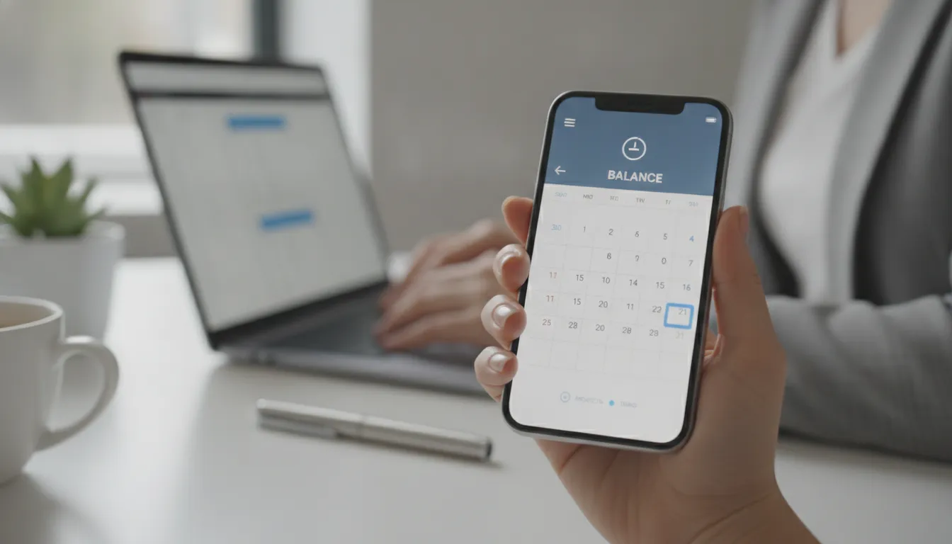 Mão segura smartphone com app de horas, ilustrando banco de horas como funciona e controle de jornada.