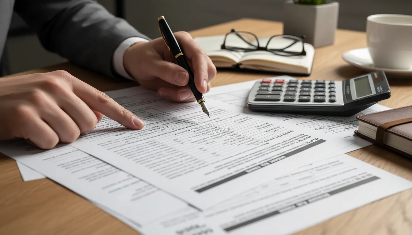 Close-up of hands pointing at detailed US tax forms. Understanding complex US LLC for Canadians tax requirements.