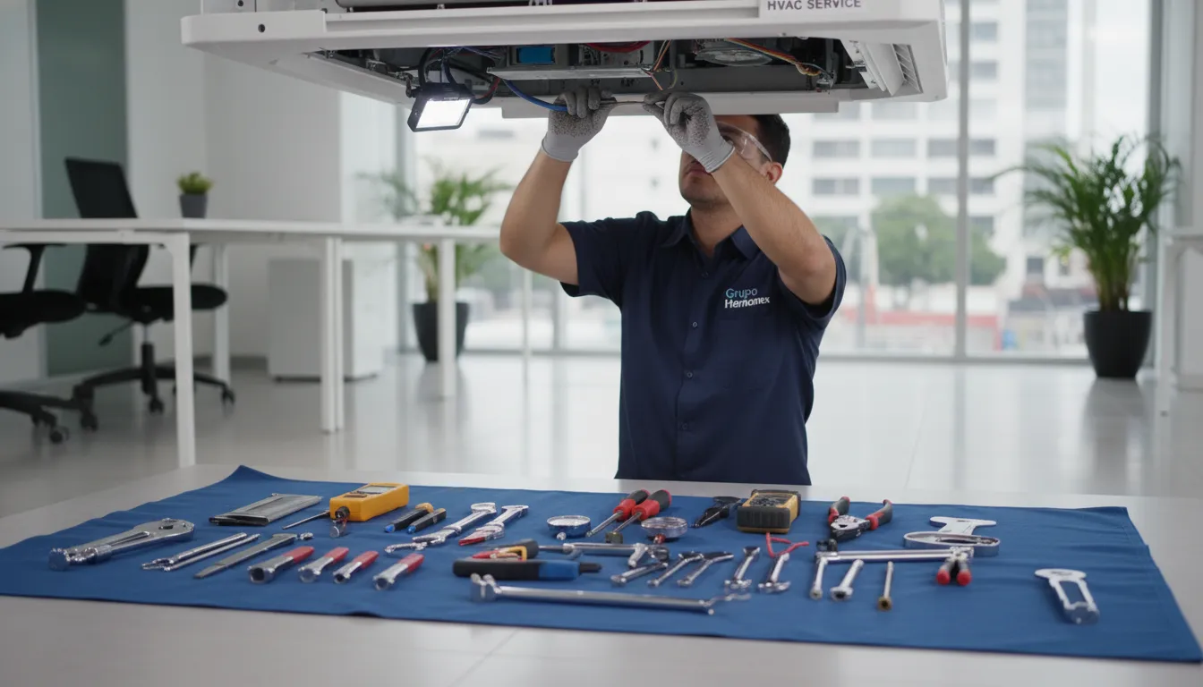 Especialista realizando a manutenção interna de um ar condicionado comercial no teto, assegurando o bom funcionamento após a instalação de um ar condicionado.