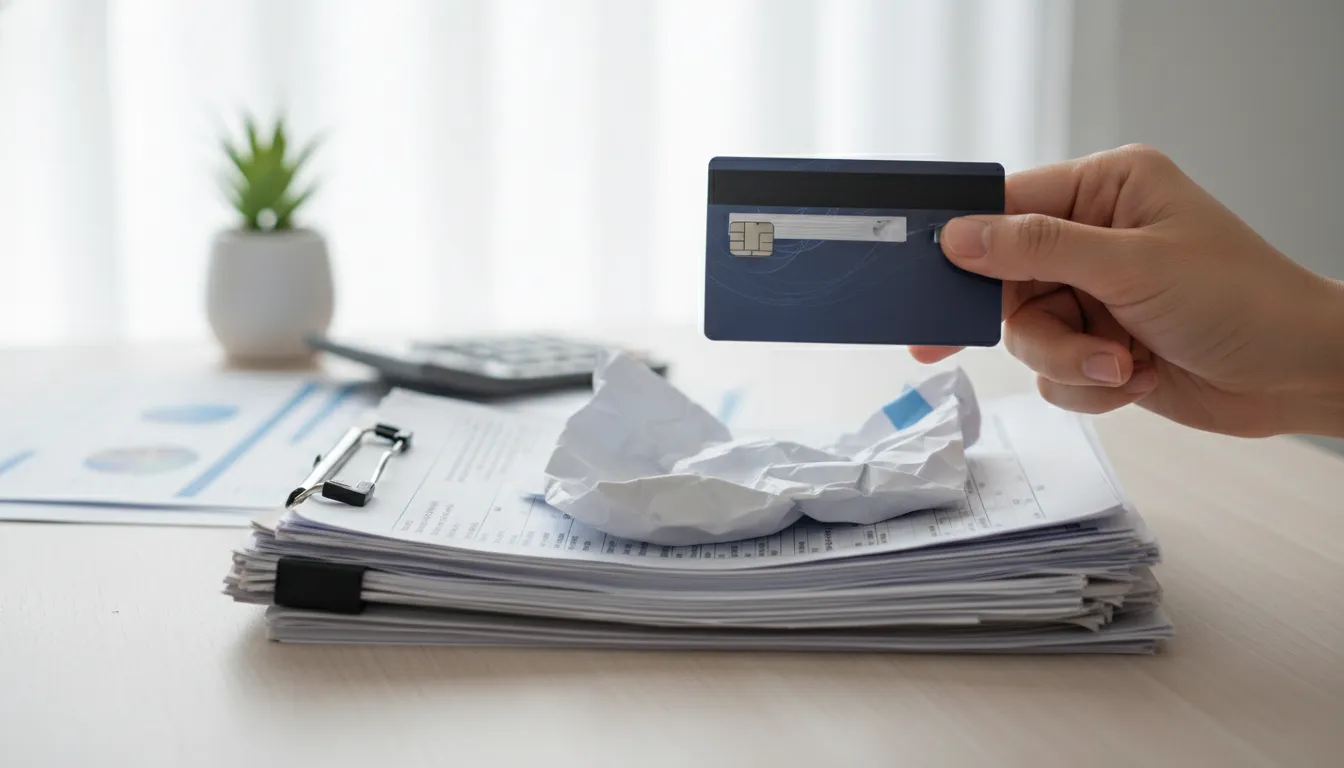 Mão segura cartão crédito sobre documentos financeiros, representando gestão e educação financeira crédito.
