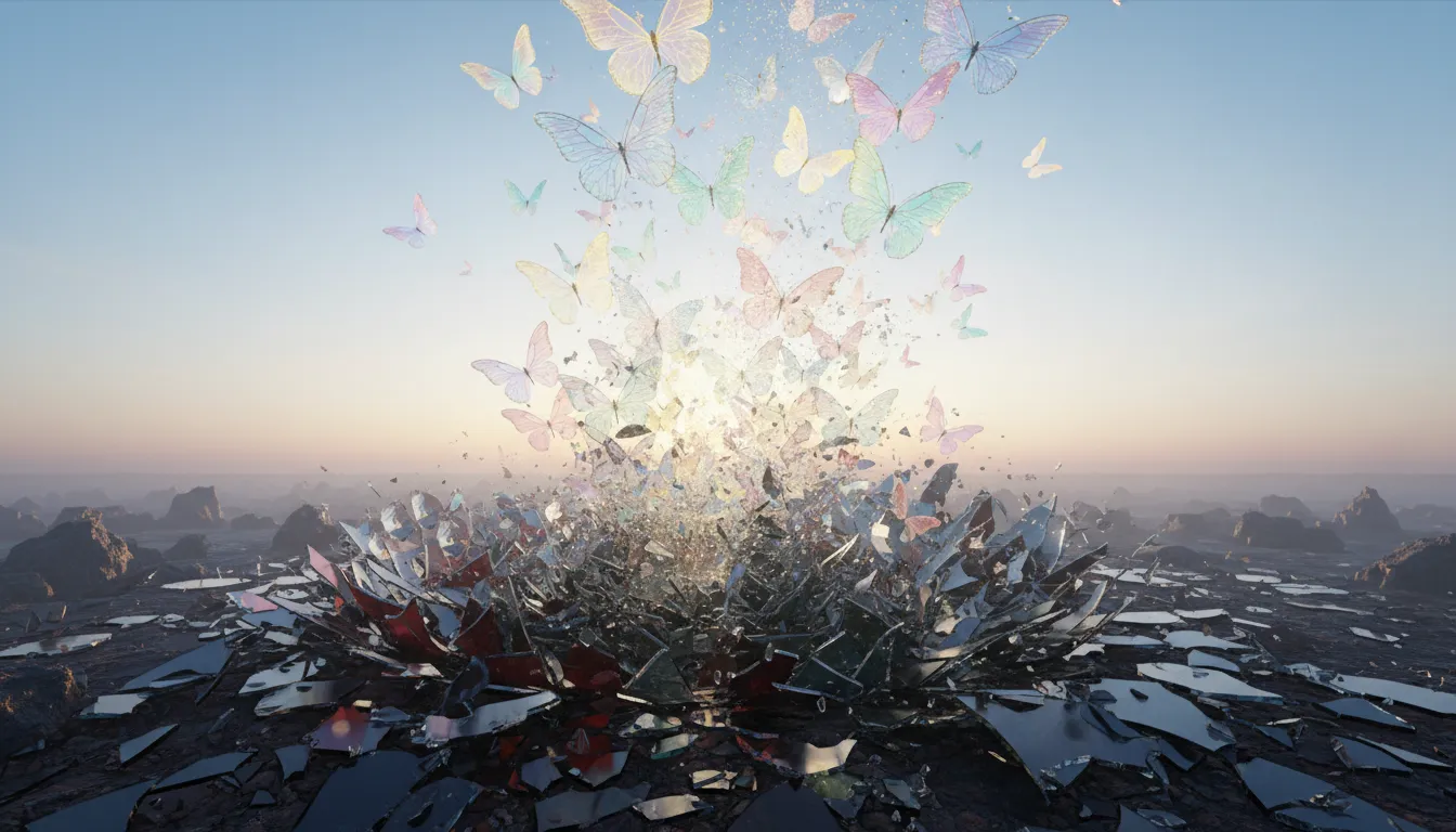 Representação abstrata de crenças limitantes se dissolvendo em borboletas, simbolizando thetahealing.