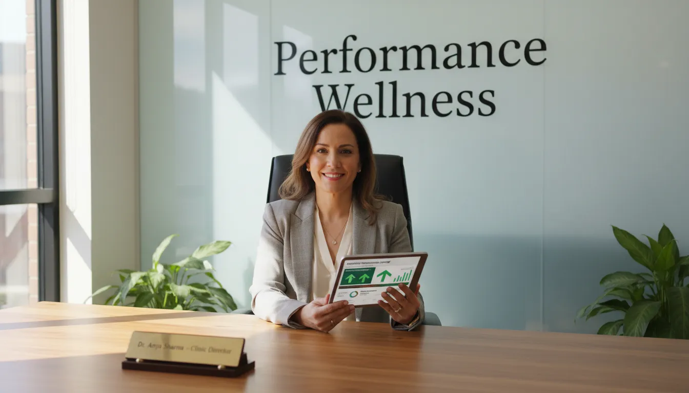 Proprietário de clínica wellness analisando relatório de performance, demonstrando aquisição previsível de clientes e posicionamento de marca, impactando na taxa de churn.