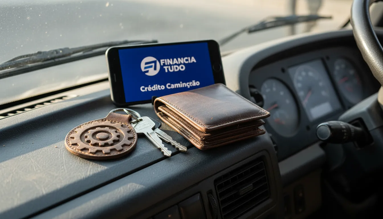 Close-up das chaves do caminhão e carteira no painel, com smartphone mostrando logo da Financia Tudo ao fundo. Encontre crédito e capital de giro para caminhoneiro.